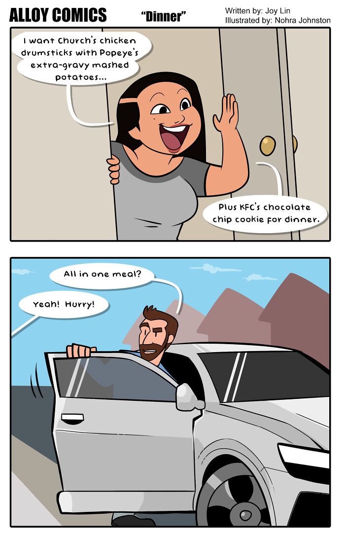 Comic about marriage and pregnancy cravings, featuring a woman craving various fast food items and a man responding.