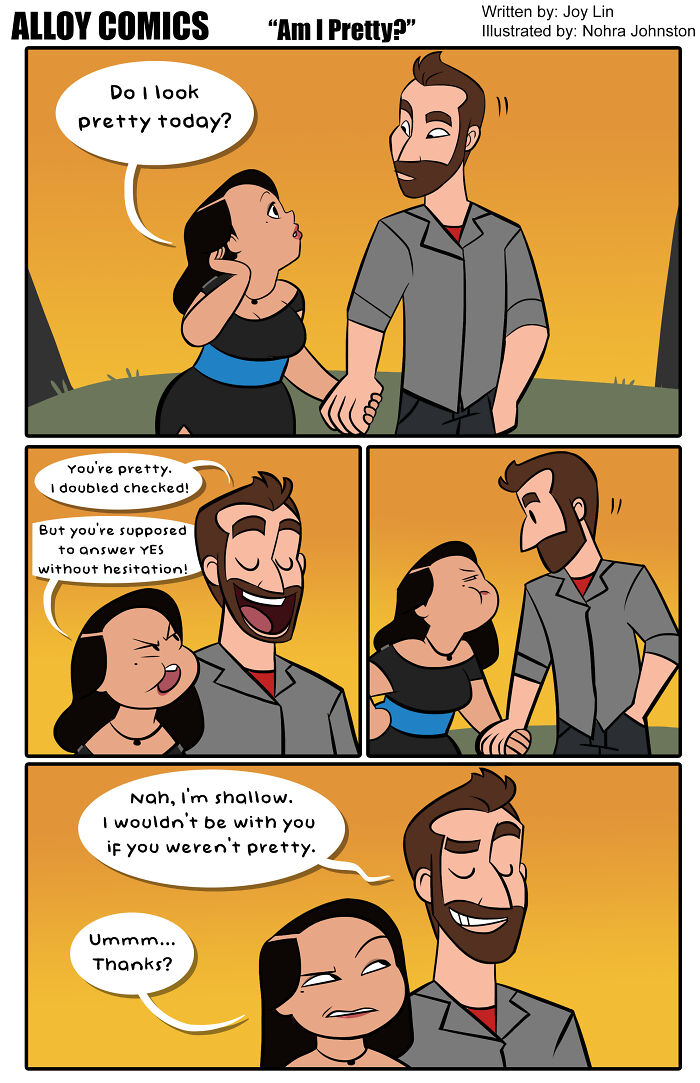 Comic about marriage showing a couple discussing appearance, with humor and a sunset background.