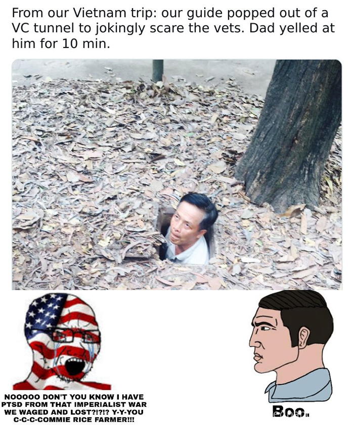 Alt text: Vietnam trip meme showing a guide popping out of a tunnel with funny history memes about PTSD from war shared.