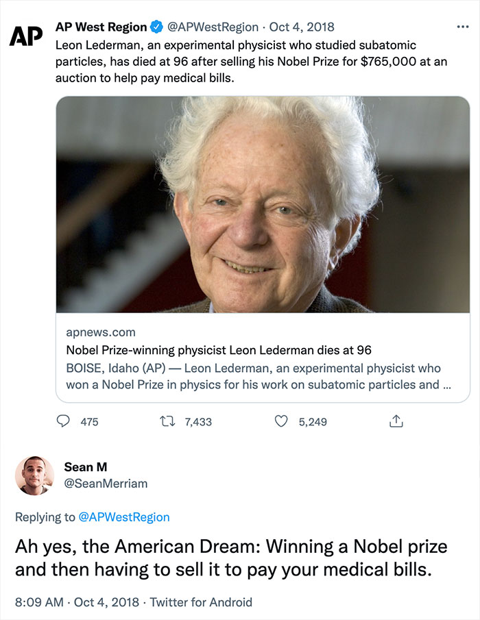 Tweet about Nobel Prize-winning physicist Leon Lederman, shared in a group featuring the funniest and most accurate history memes.