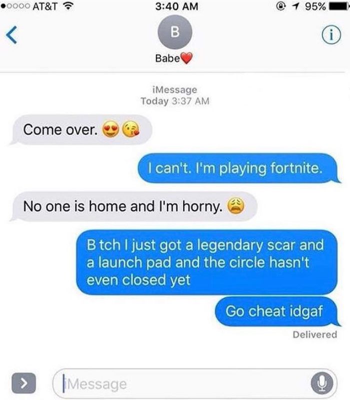 Funny text exchange about playing Fortnite and ignoring a romantic request.