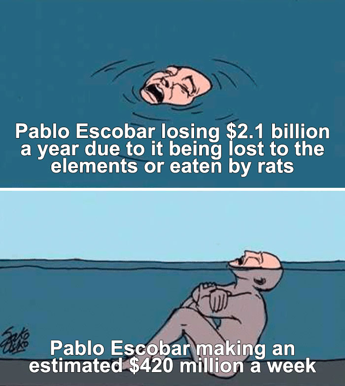 Illustration of Pablo Escobar losing money to elements versus making millions weekly, featured in funny history memes.
