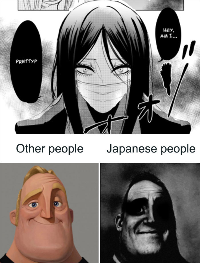Black and white manga panel with a masked character and contrasting images labeled other people and Japanese people, history meme style.