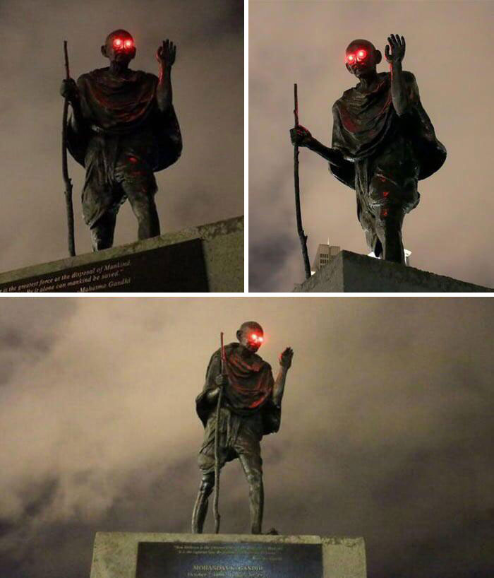 La estatua de Mahatma Gandhi después de que un bromista le añadiera luces rojas a los ojos (San Francisco, 2019)