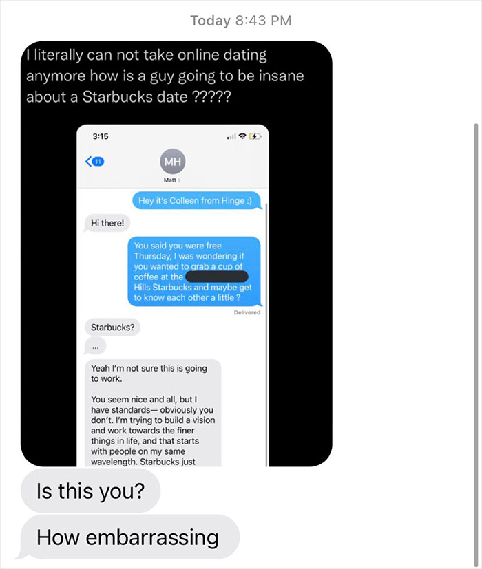 Woman Goes Viral On Twitter For Showing A Dramatic Message A Guy Sent Her When She Suggested To Meet At Starbucks For Their First Date Woman Goes Viral On Twitter For Showing A Dramatic Message A Guy Sent Her When She Suggested To Meet At Starbucks For Their First Date