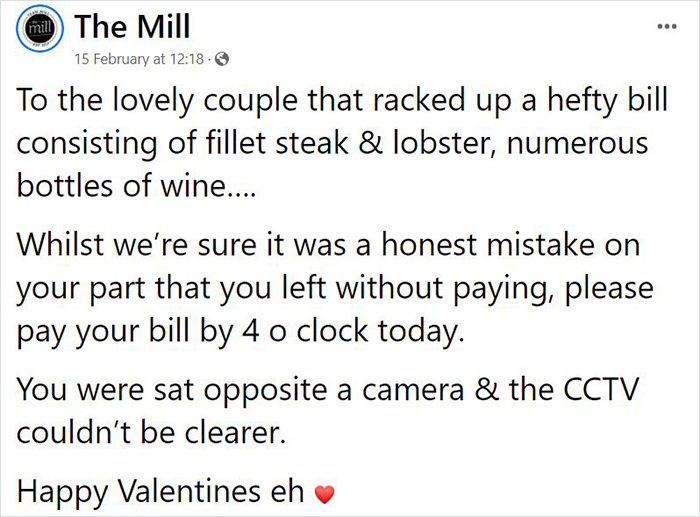 A Pub Goes To Facebook To Call Out The “Lovely Couple” That Left Without Paying Their Valentine’s Day Bill Of $244 A Pub Goes To Facebook To Call Out The “Lovely Couple” That Left Without Paying Their Valentine’s Day Bill Of $244