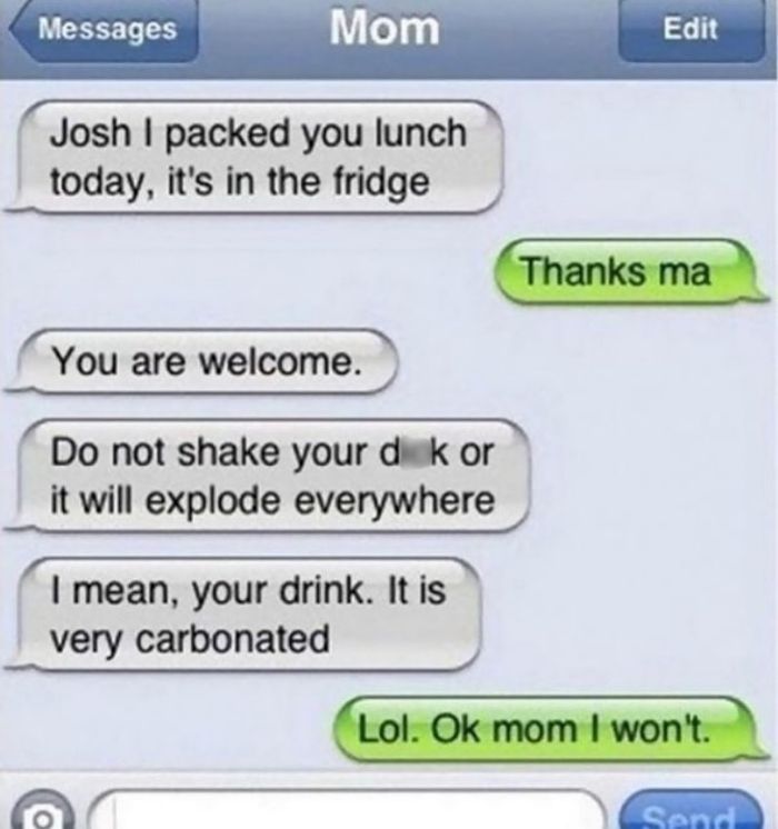 Funny text message exchange about lunch and a carbonated drink mix-up.