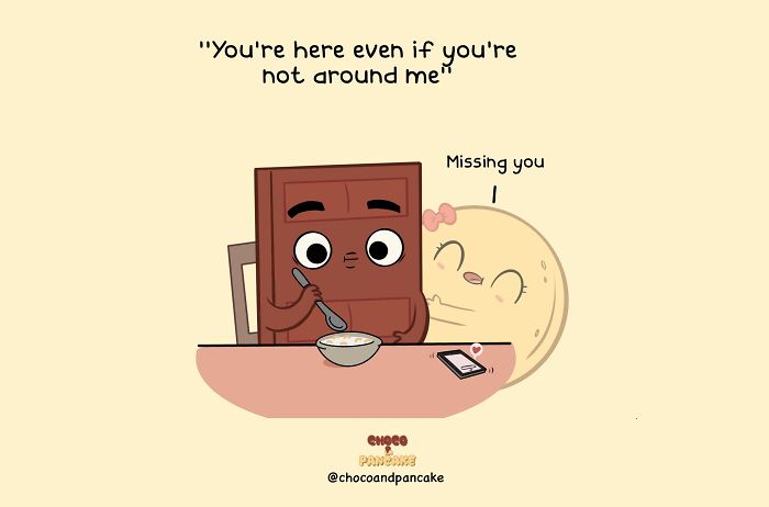 Cartoon chocolate bar eating with a pancake hugging, depicting long-distance relationship feelings.