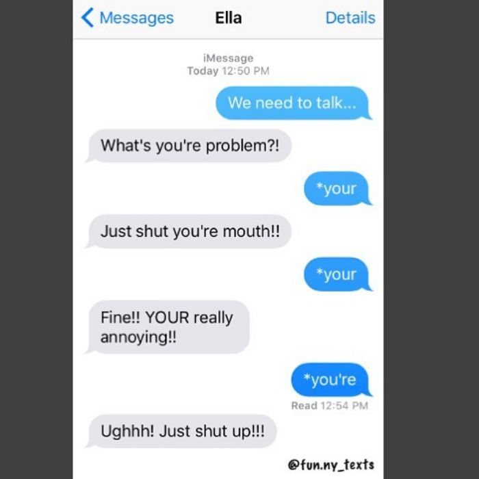 Funny text exchange filled with grammar corrections on a humorous Instagram account.