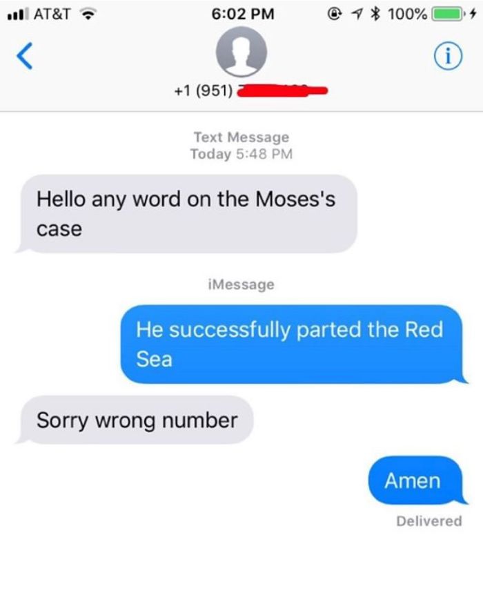 Text messages with humorous responses about Moses's case and parting the Red Sea.