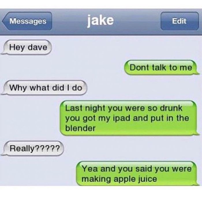 Funny text message exchange about drunkenly blending an iPad, shared on a popular Instagram account.