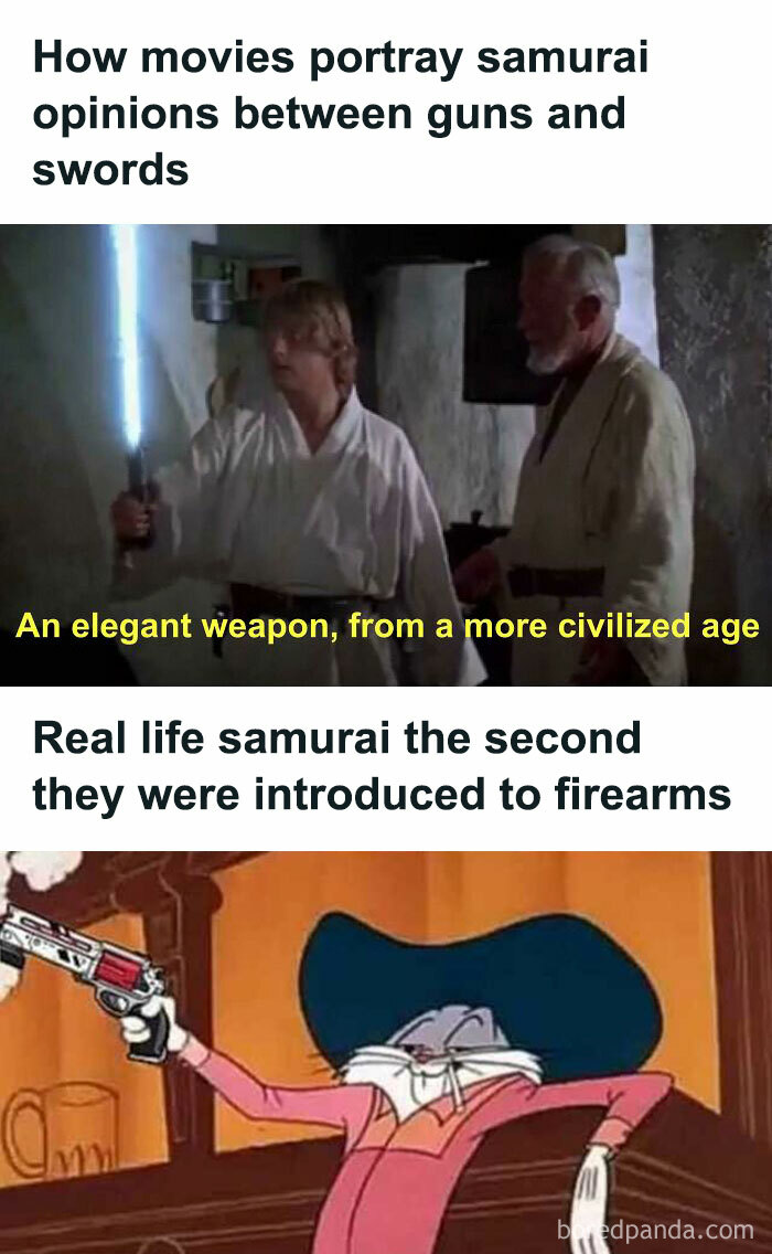 History memes humorously show samurai opinions on guns vs swords and their reaction to firearms in real life.