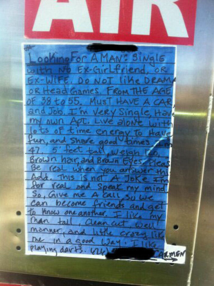 47 Y/O, Single, And Desperate Enough To Post A Dating Ad On A Gas Station Air Pump, But No Short Men Pls