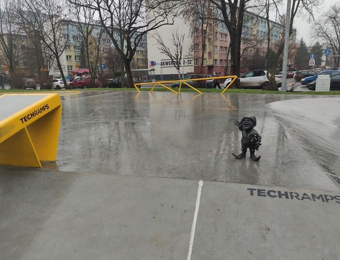 Gnomes Are Symbol Of My City. It Used To Be A City Game For Tourists To Find Them All But There Are So Many Of Them It No Longer Makes Sense. City Opened Brand New Skate Park In The City. To Celebrate It They Put A Gnome There. Metal Gnome With Pointy Bits On Top Of A Ramp Right Next To A Rail