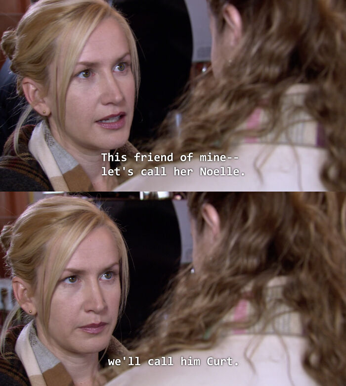 In The Office S3e12 "Traveling Salesman" When Telling Pam What Dwight Did For Her, Angela Uses Both Hers And Dwight's Middle Names As Aliases