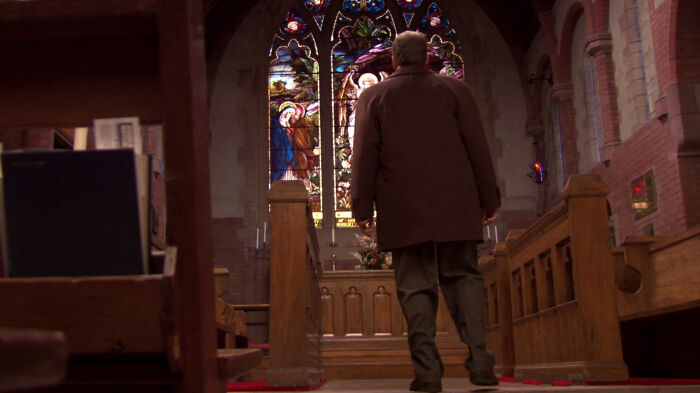 [the Office] When Toby Enters The Church, You See Dwight's Business Card Placed In A Book