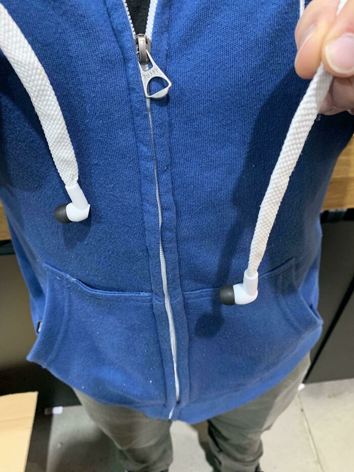 My Co-Worker’s Hoodie Has Headphones Threaded Through The Drawstring