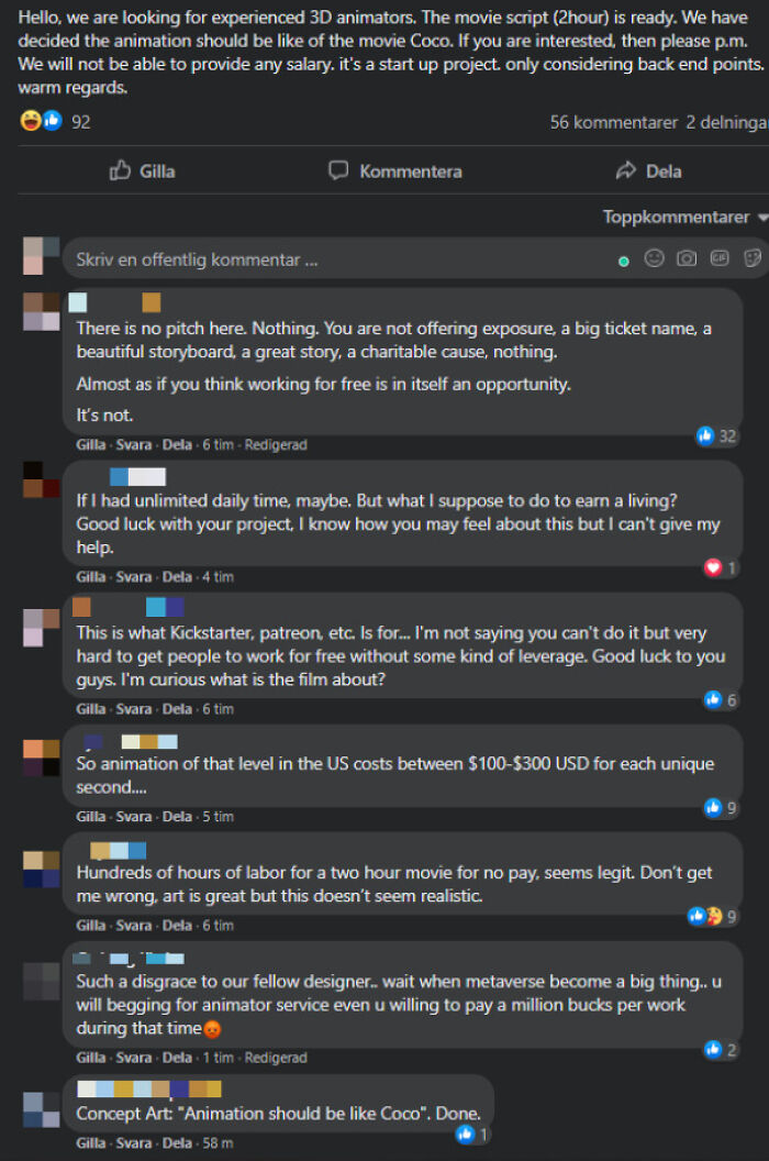 We Want A 2-Hour Movie Animated In The Style Of Pixar For Free, No Concept Work Or Preproduction Ready, Not Even Exposure Mentioned