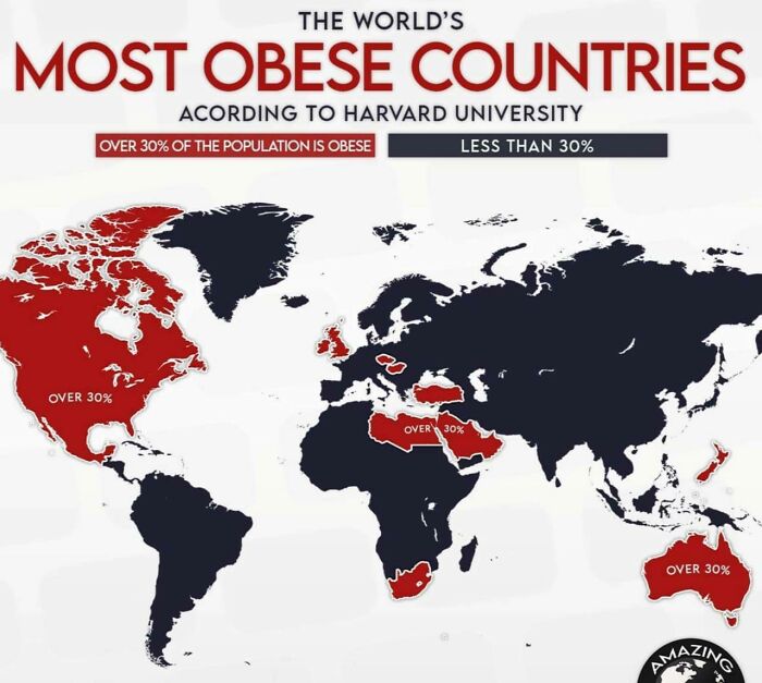 World map highlighting countries with over 30% obesity rates, showing global data on most obese countries by Harvard University.