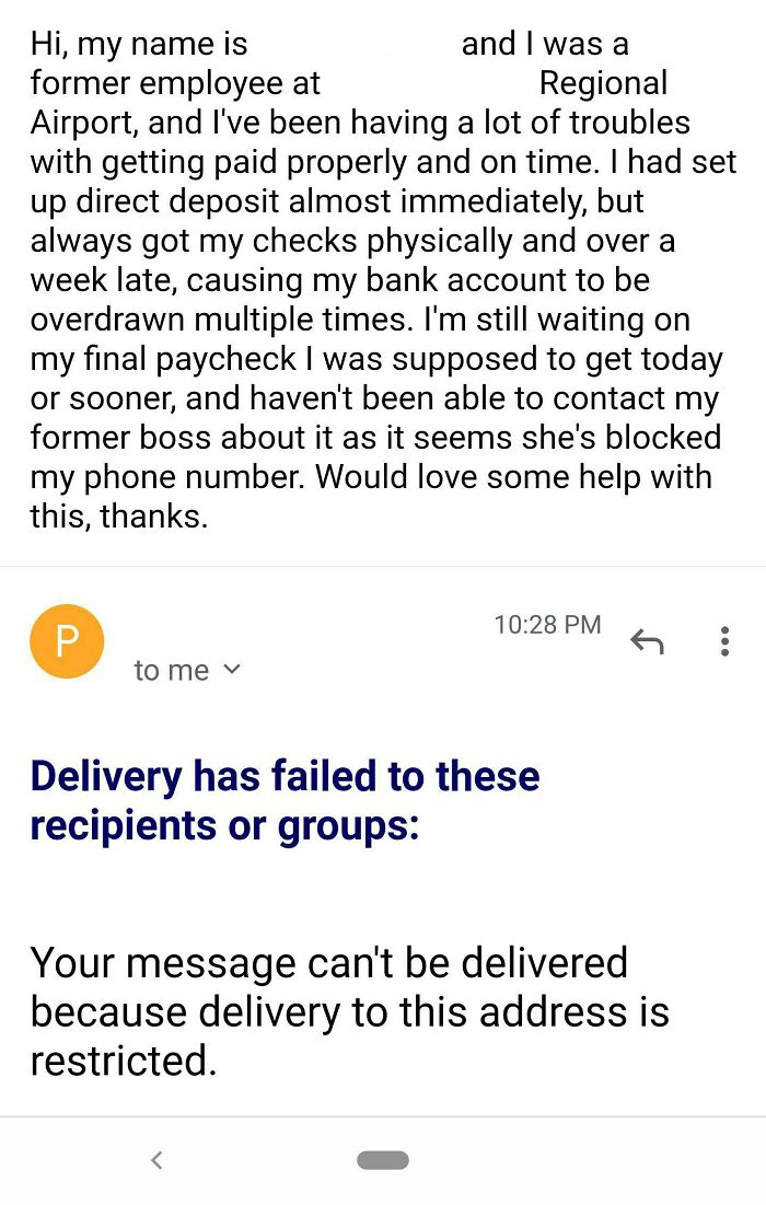 Quit My Job At A Nearby Airport Due To Safety Concerns And Severe Unprofessionalism, Been Trying To Get My Final Paycheck Of $1000+ For Over Two Weeks Now