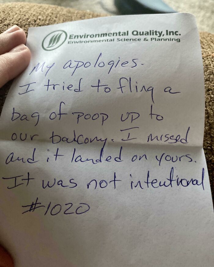Guy Flings Bag Of Poop Up His Balcony, Misses, Apologizes