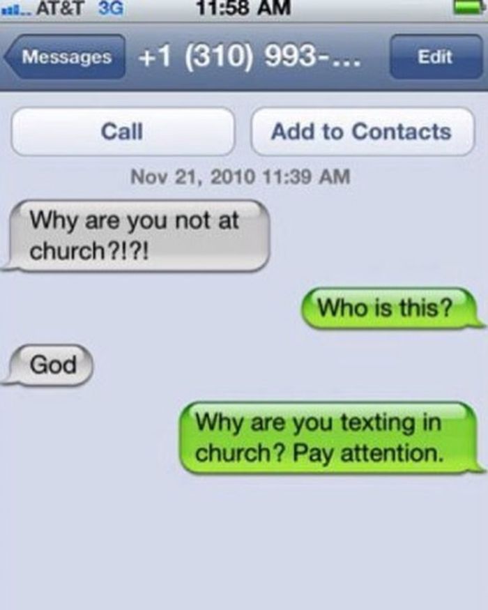 Funny text conversation about attending church, shared on a popular Instagram account.