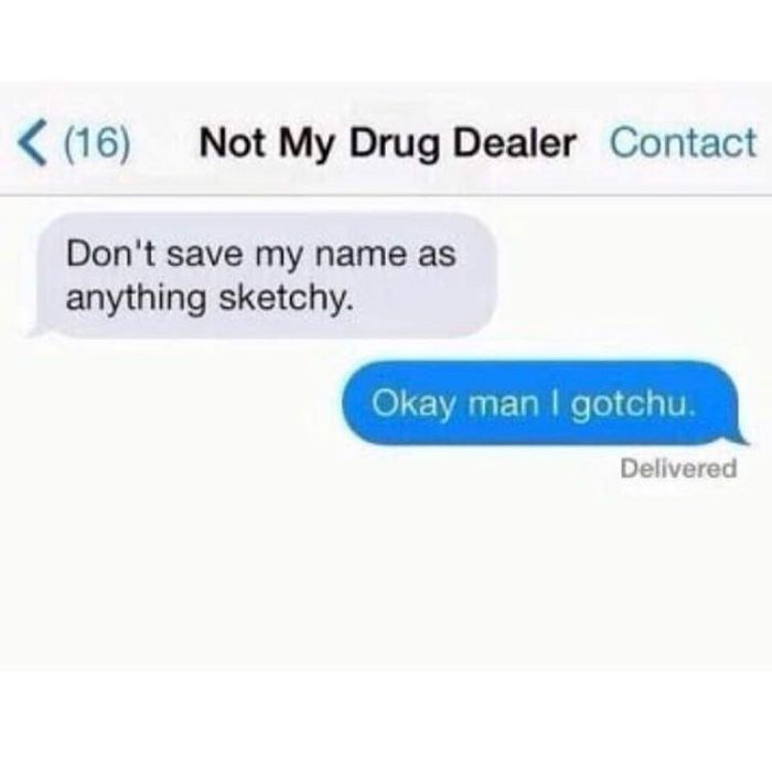 Funny text message exchange about saving a contact with a sketchy name.