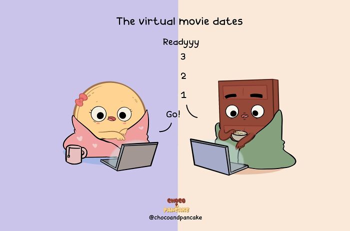 Cute characters on a virtual movie date, each wrapped in blankets, using laptops in a long-distance relationship.