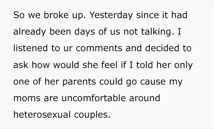 Girlfriend Asks Boyfriend To Show Up At Dinner Hosted By Her Parents With Only One Of His Moms, Guy&rsquo;s Having None Of It And Breaks Up With Her