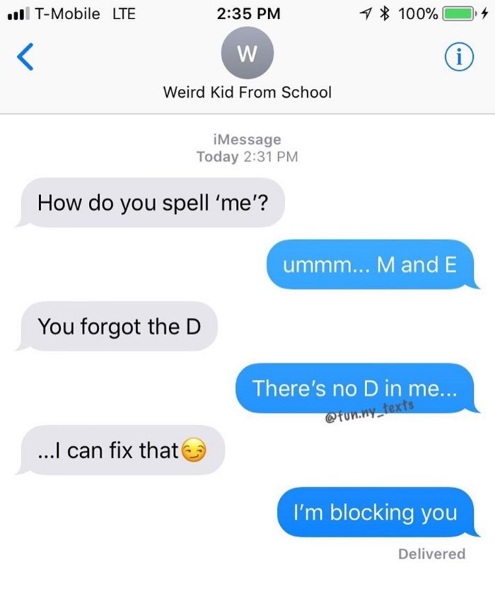 Funny text messages exchange with a humorous spelling suggestion and reaction.
