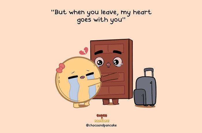 Cartoon of a crying heart-shaped character hugging a brown door with a suitcase, symbolizing long-distance relationship emotions.