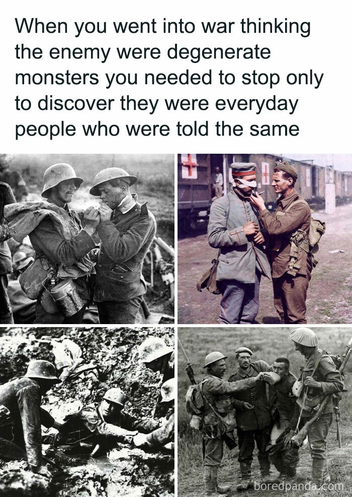 Black and white and color historic war photos showing soldiers helping each other, illustrating accurate history memes about war.
