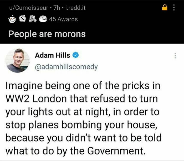 History meme about WWII Londoners refusing blackout orders to avoid bombings, highlighting humorous historical accuracy.