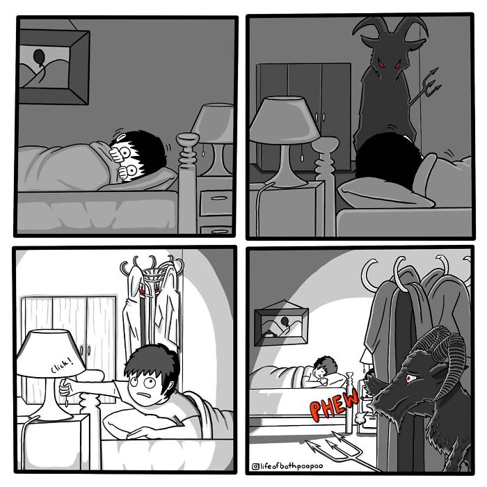 Black and white dark humor comic showing a man startled by a demon figure, fitting twisted endings and dark humor comics theme.