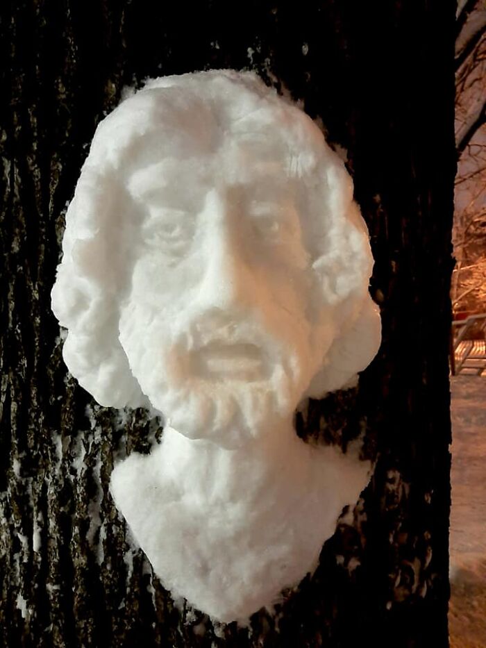 Artist Makes Incredible Snow Sculptures On Tree Trunks