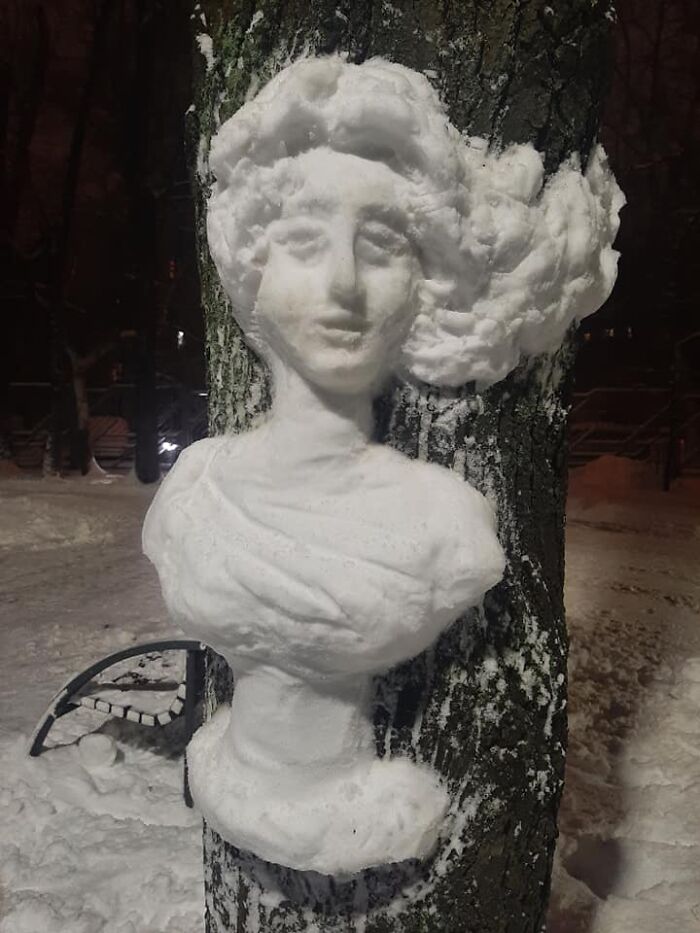 Artist Makes Incredible Snow Sculptures On Tree Trunks