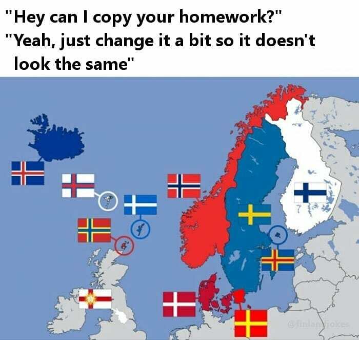Map of Nordic countries with flags, featuring a humorous Finland meme about copying homework.
