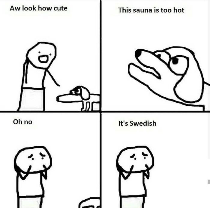 Comic strip featuring a Finnish dog in a sauna, with humorous dialogue about Sweden.