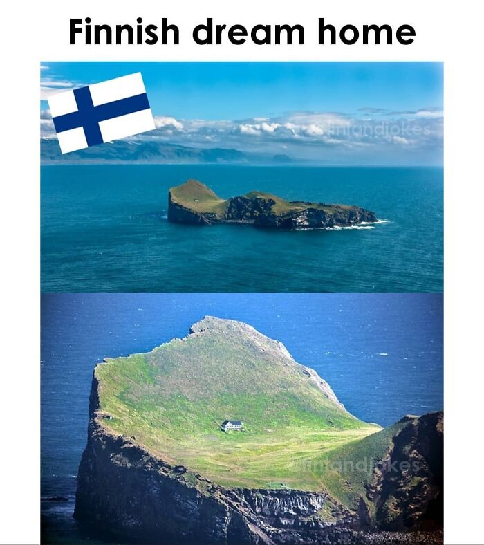 Remote island with a Finnish flag, labeled "Finnish dream home," showcasing inspiring Finland scenery.