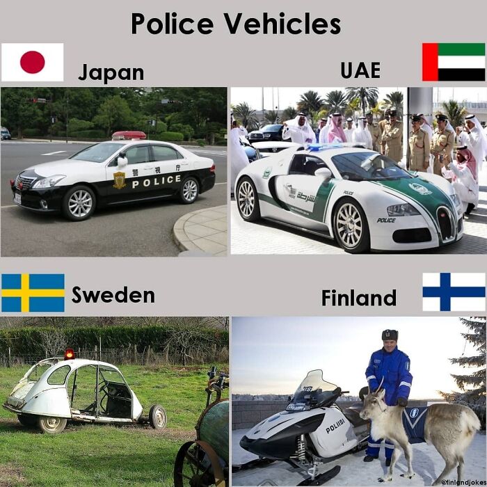Police vehicles from Japan, UAE, Sweden, and Finland in a meme format highlighting Finland.