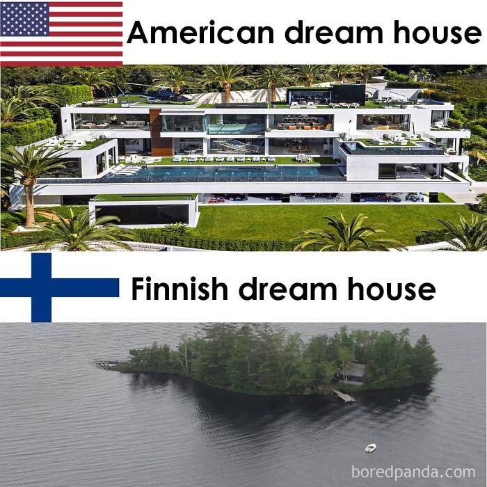 American luxury mansion vs Finnish island house; Finland memes highlighting lifestyle contrasts.