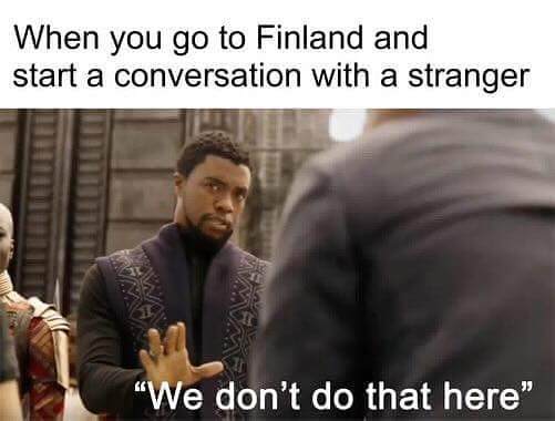 "Scene from a movie used in a Finland meme highlighting social customs in the happiest country."