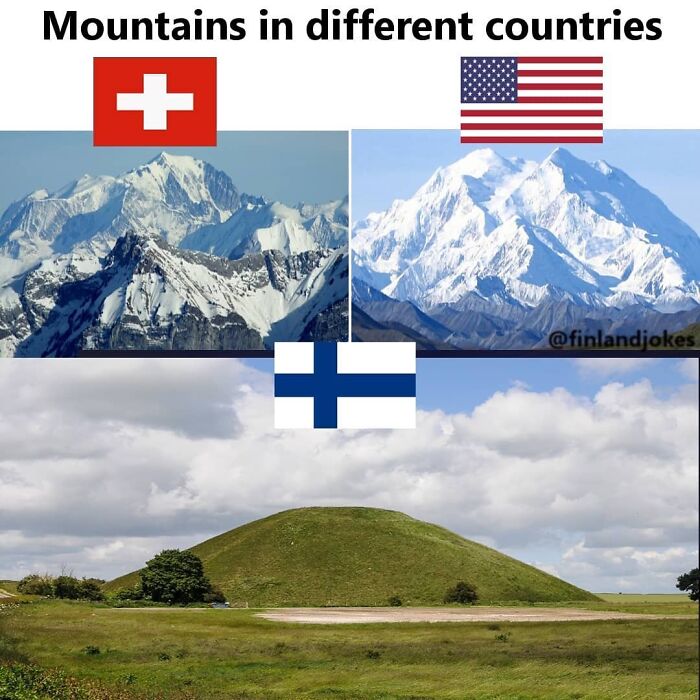 Finnish meme comparing Finland's hill to mountains in Switzerland and the USA, showcasing humor in the happiest country.