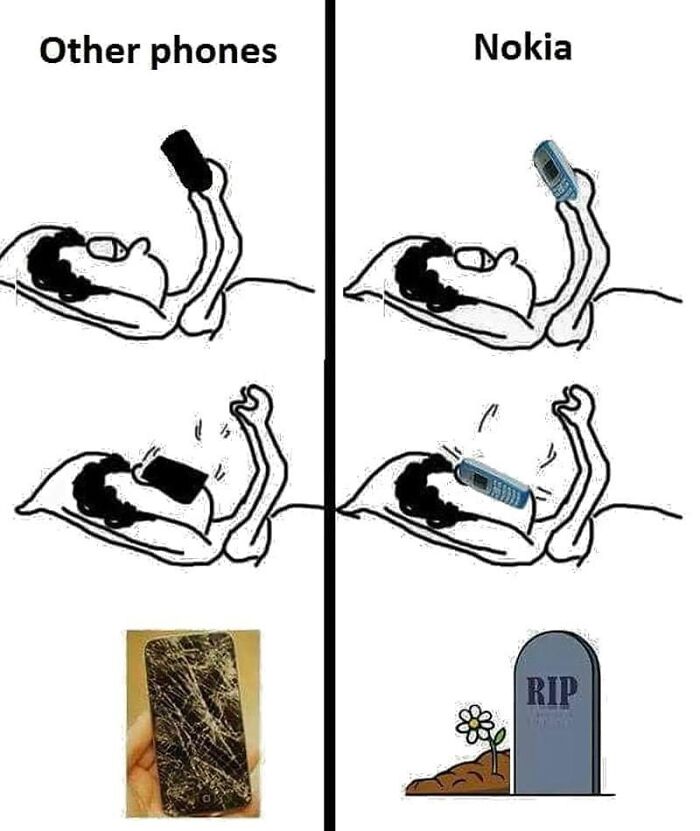 "Comic comparing other phones and indestructible Nokia, highlighting Finland's meme culture humor."