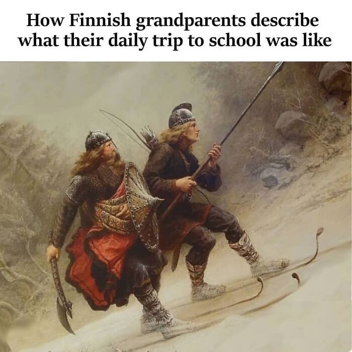 Finnish ancestors skiing through snow, humorously depicting a challenging school journey, showcasing Finland memes.