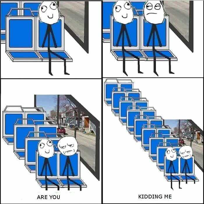 Stick figures on a bus, showcasing Finland memes with repeated panels and the text "Are you kidding me."
