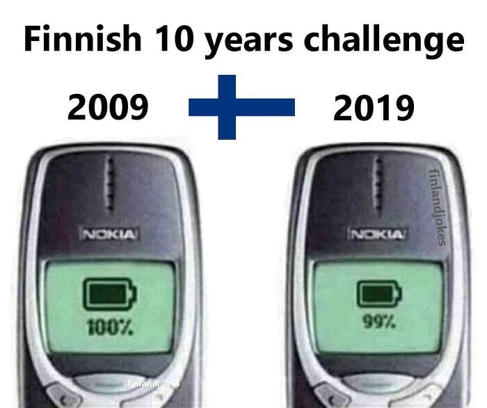 Nokia phones showing Finnish humor comparing 2009's 100% battery to 2019's 99%, reflecting Finland's happiest country status.