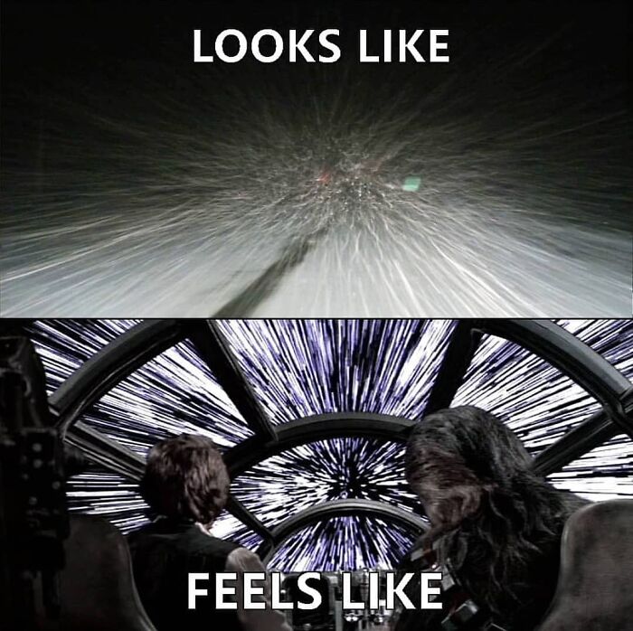 Snowy road in Finland compared to spaceship warp, humorously depicts living in the happiest country.