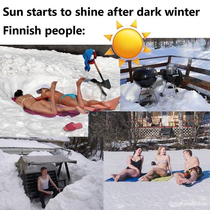 Finnish people sunbathing and grilling in snow, embracing Finland's transition from dark winter to sunny days.