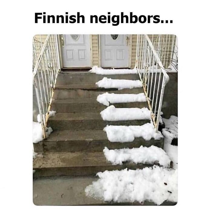 Steps with neatly shoveled paths of snow, illustrating Finnish humor, with text "Finnish neighbors."